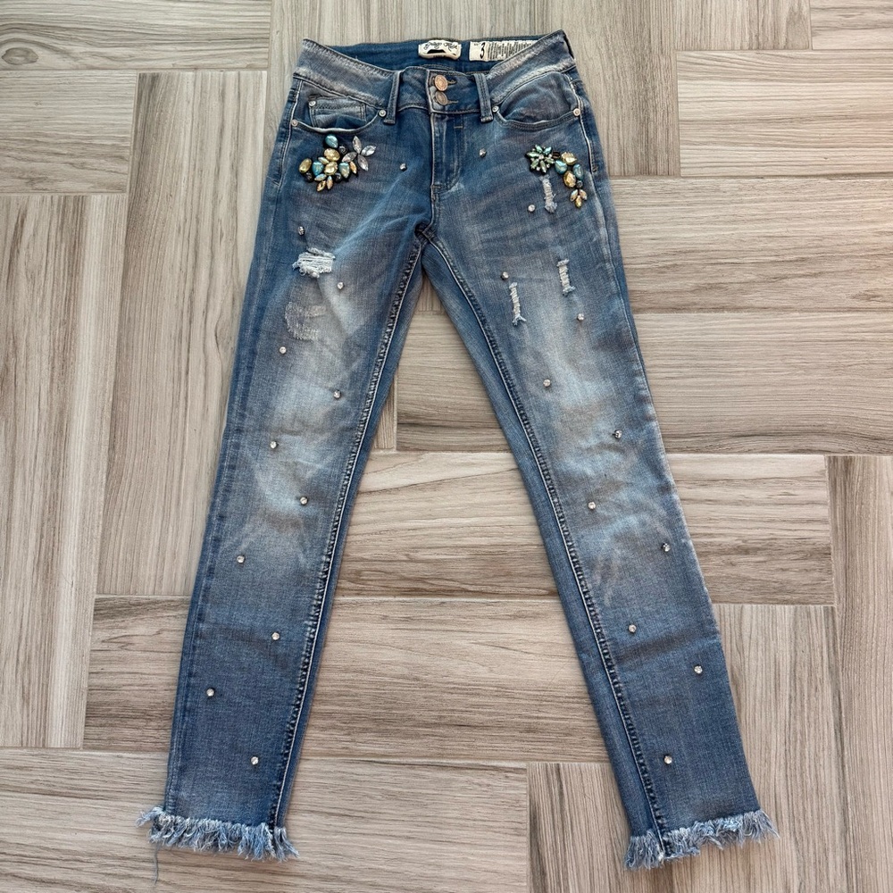 NWOT Indigo Rein Blue Embellished Skinny Jeans Size 3 - Picture 5 of 6